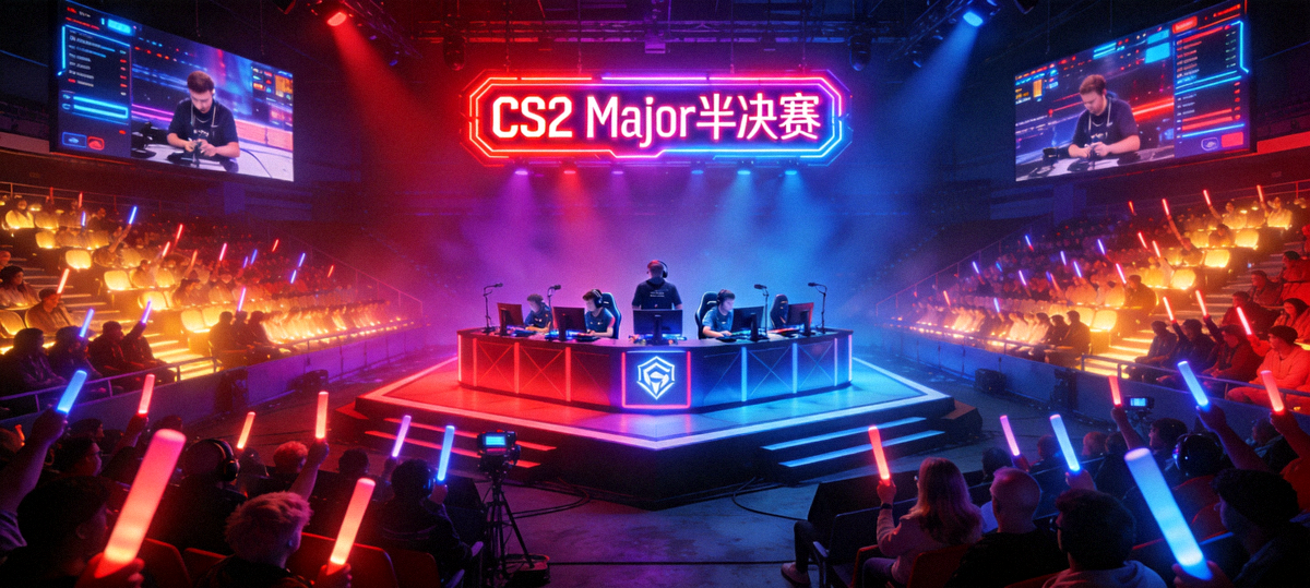 CS2 Major 半决赛电竞舞台现场直播画面，霓虹灯效与观众席